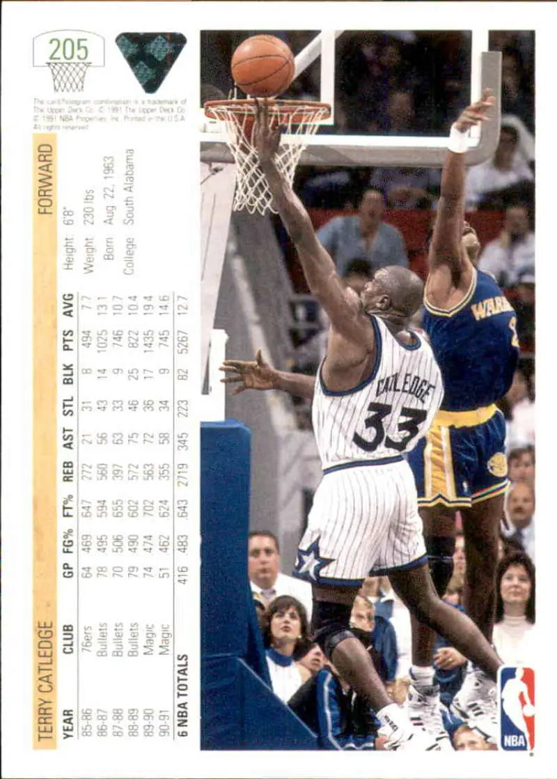 Terry Catledge in white Orlando Magic jersey blocking a shot on Upper Deck basketball card