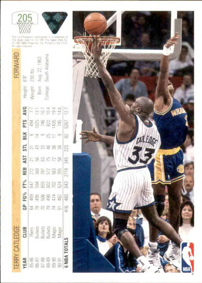 Terry Catledge in white Orlando Magic jersey blocking a shot on Upper Deck basketball card