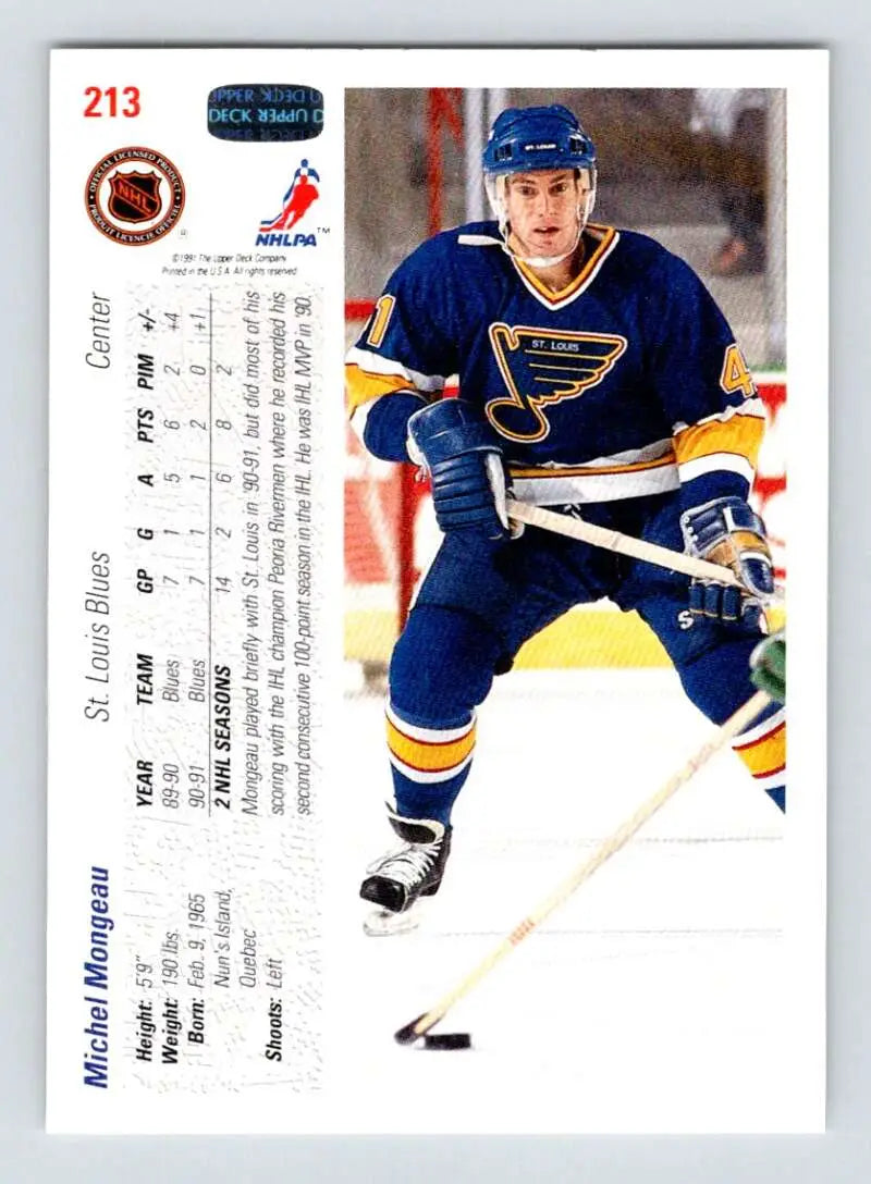 Hockey player in St. Louis Blues uniform on ice for Michel Mongeau Upper Deck card