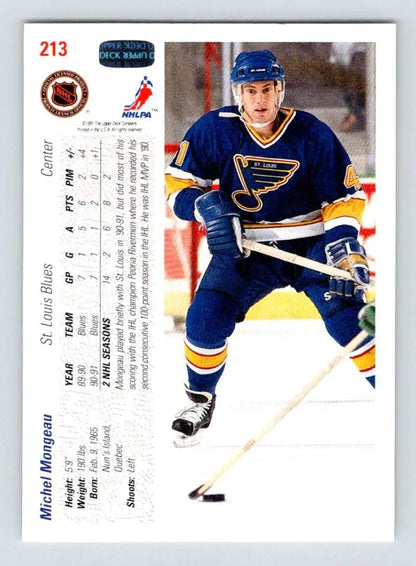 Hockey player in St. Louis Blues uniform on ice for Michel Mongeau Upper Deck card