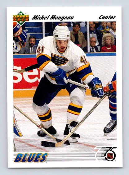 Hockey card of Michel Mongeau skating in St. Louis Blues uniform by Upper Deck