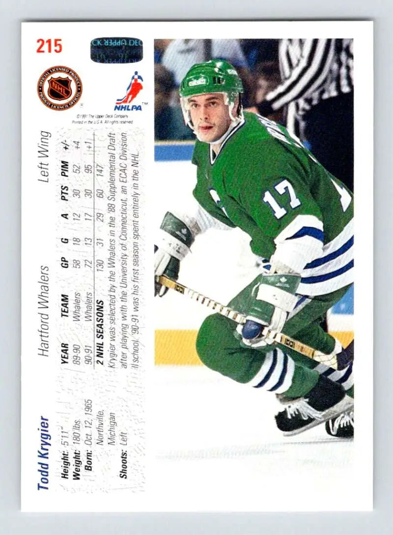Hockey player in green and white Hartford Whalers jersey, 1991-92 Todd Krygier hockey card