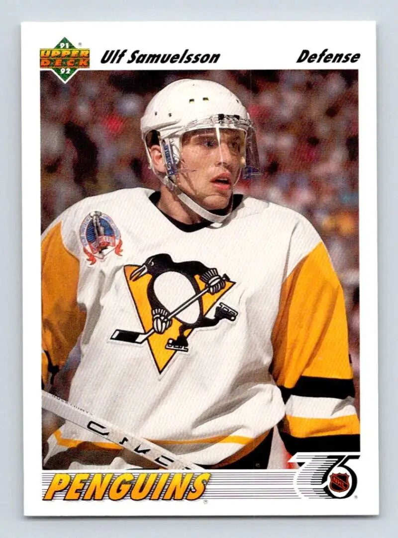 Hockey player in Pittsburgh Penguins jersey on 1991-92 Upper Deck Ulf Samuelsson card
