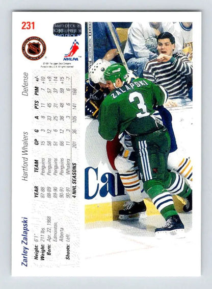 Hockey card featuring Zarley Zalapski in green jersey makes a hard check, Upper Deck