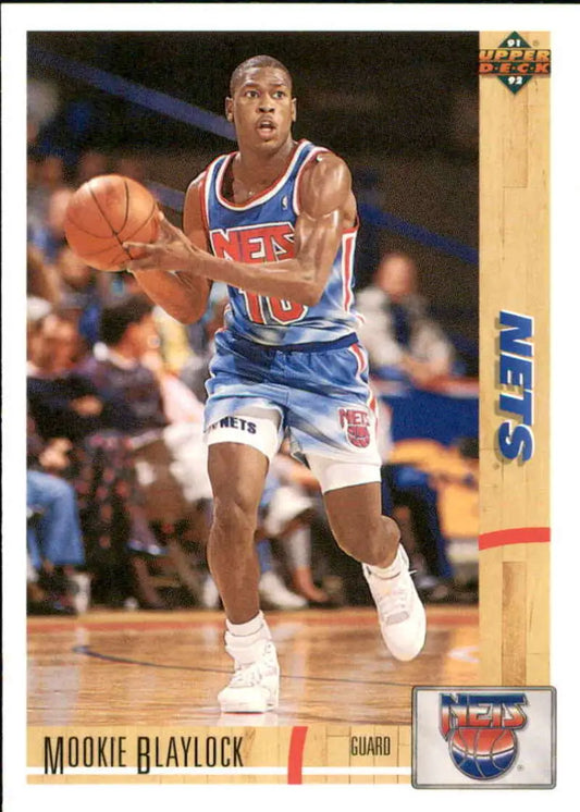 Mookie Blaylock dribbling the ball in New Jersey Nets uniform for Upper Deck card
