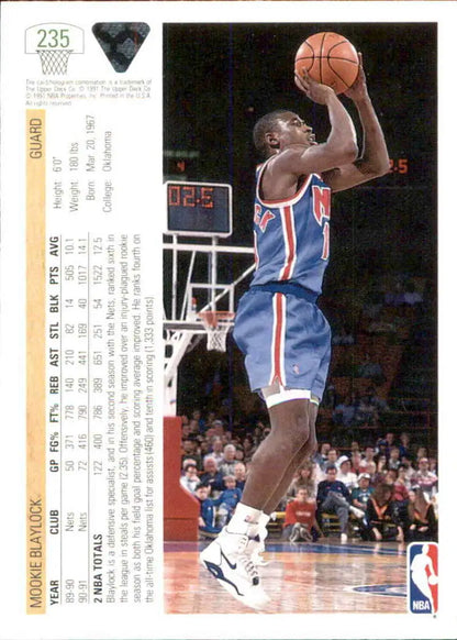 Mookie Blaylock shooting in blue and orange New Jersey Nets uniform on Upper Deck card
