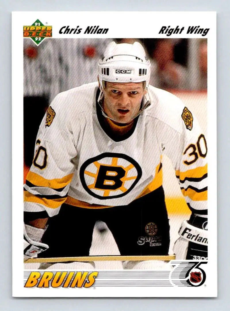 Boston Bruins player Chris Nilan in white jersey with iconic B logo, 1991-92 Upper Deck