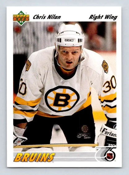 Boston Bruins player Chris Nilan in white jersey with iconic B logo, 1991-92 Upper Deck