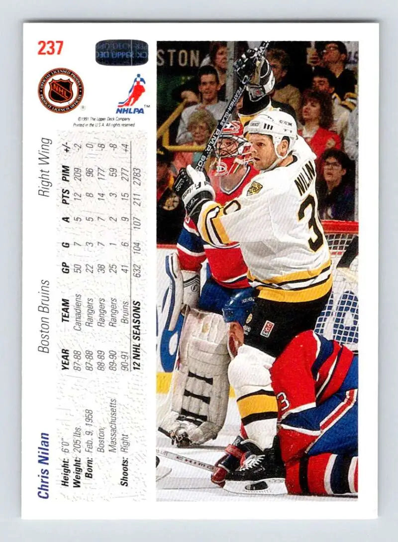 Boston Bruins hockey trading card featuring Chris Nilan in a white jersey against rivals