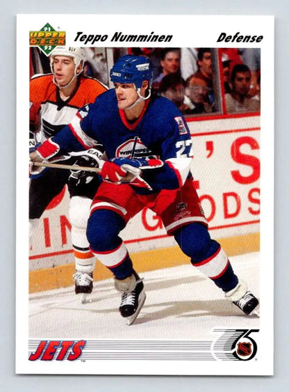 Hockey player in Winnipeg Jets uniform showcasing Teppo Numminen on the ice