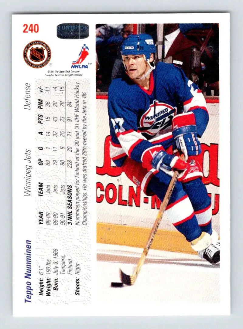 Hockey card of Teppo Numminen in blue jersey for Winnipeg Jets in action