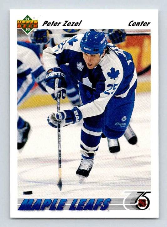 Hockey player in Toronto Maple Leafs uniform skating with stick, featuring Peter Zezel