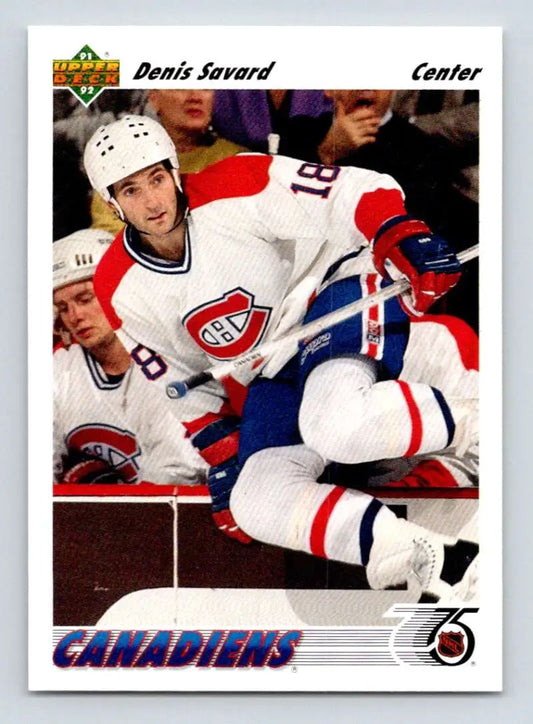 Hockey player in white Montreal Canadiens jersey, Denis Savard action shot for card