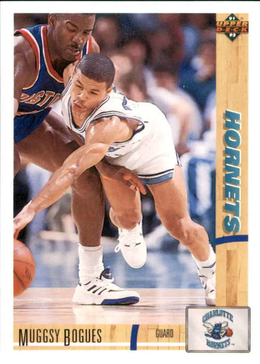 Muggsy Bogues basketball card from Upper Deck showing Charlotte Hornets player in action