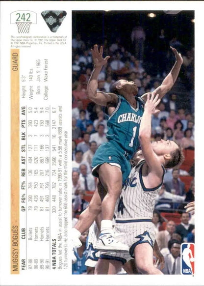 Muggsy Bogues basketball card from Upper Deck featuring shot attempt against Magic defender