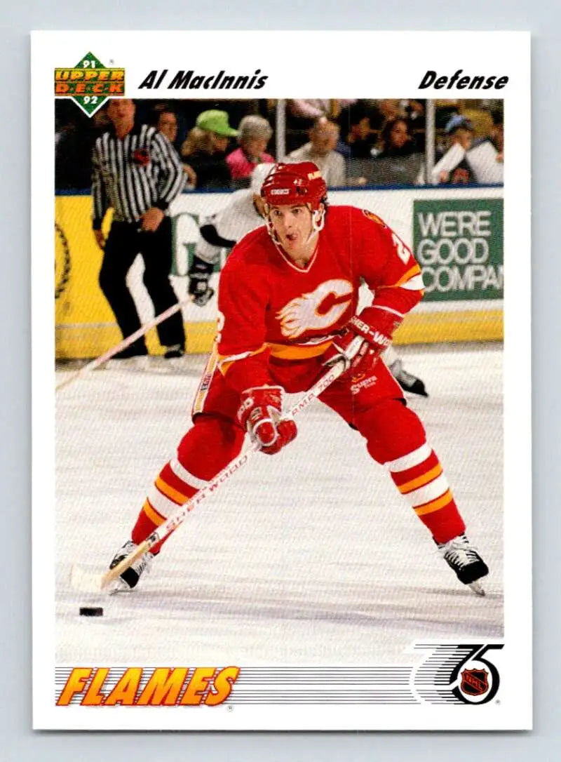 Hockey player in a red Calgary Flames jersey controlling a puck on the ice for a hockey card