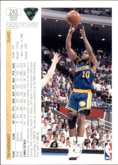 Basketball card of Tim Hardaway in Golden State Warriors uniform taking a jump shot