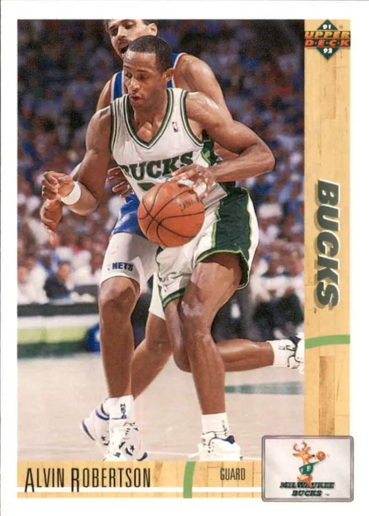 Basketball card of Alvin Robertson dribbling for the Milwaukee Bucks, Upper Deck 1991-92