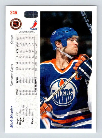 Hockey card of Mark Messier in Edmonton Oilers blue and orange jersey by Upper Deck
