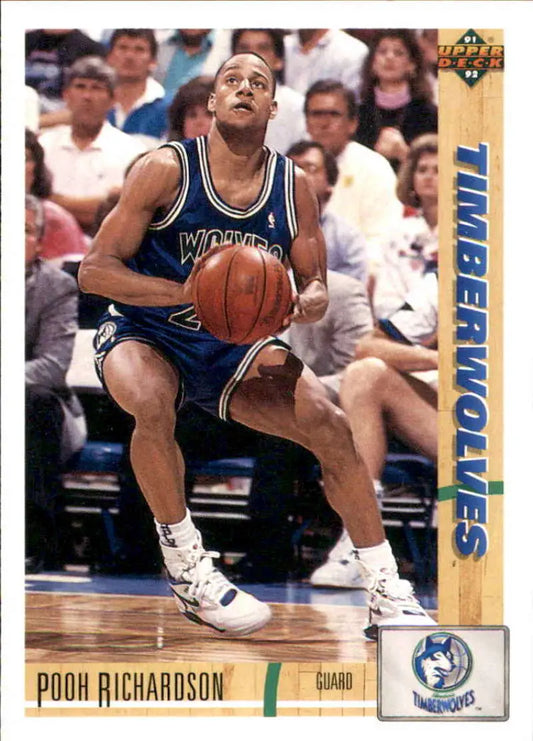 Basketball player dribbling in Minnesota Timberwolves uniform, showcasing Pooh Richardson card