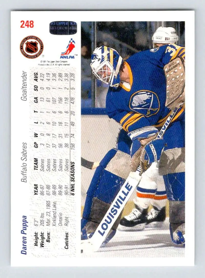 Hockey card of Daren Puppa in blue Buffalo Sabres uniform making a save for Upper Deck