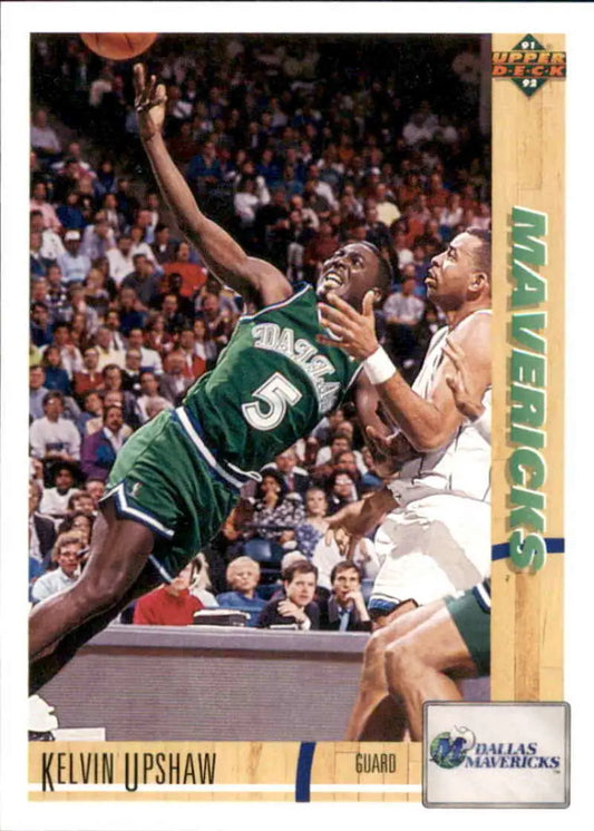 Kelvin Upshaw in green jersey number 5 making a shot, Upper Deck Dallas Mavericks card