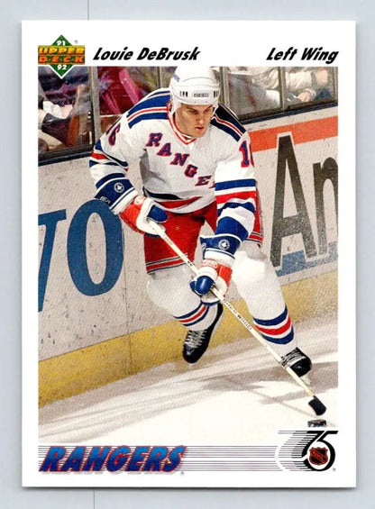 Hockey player in white New York Rangers jersey, representing Louie DeBrusk’s Edmonton Oilers card