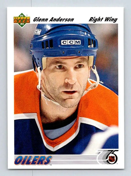 Hockey player in Oilers jersey highlighting Glenn Anderson Upper Deck hockey card