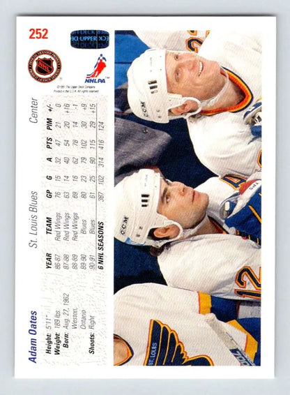 Hockey card featuring Adam Oates in a white jersey from Upper Deck 1991-92 series