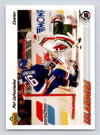 Hockey card featuring Pat LaFontaine making a save from the Upper Deck series