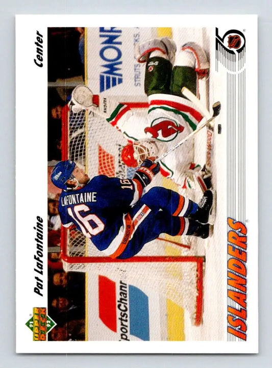 Hockey card featuring Pat LaFontaine making a save from the Upper Deck series