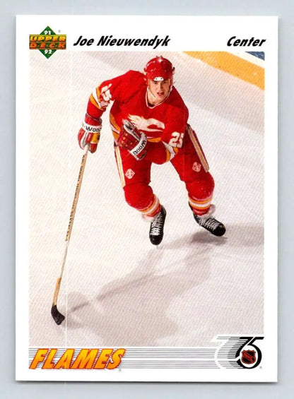 Joe Nieuwendyk skating in red Calgary Flames uniform for hockey card collection