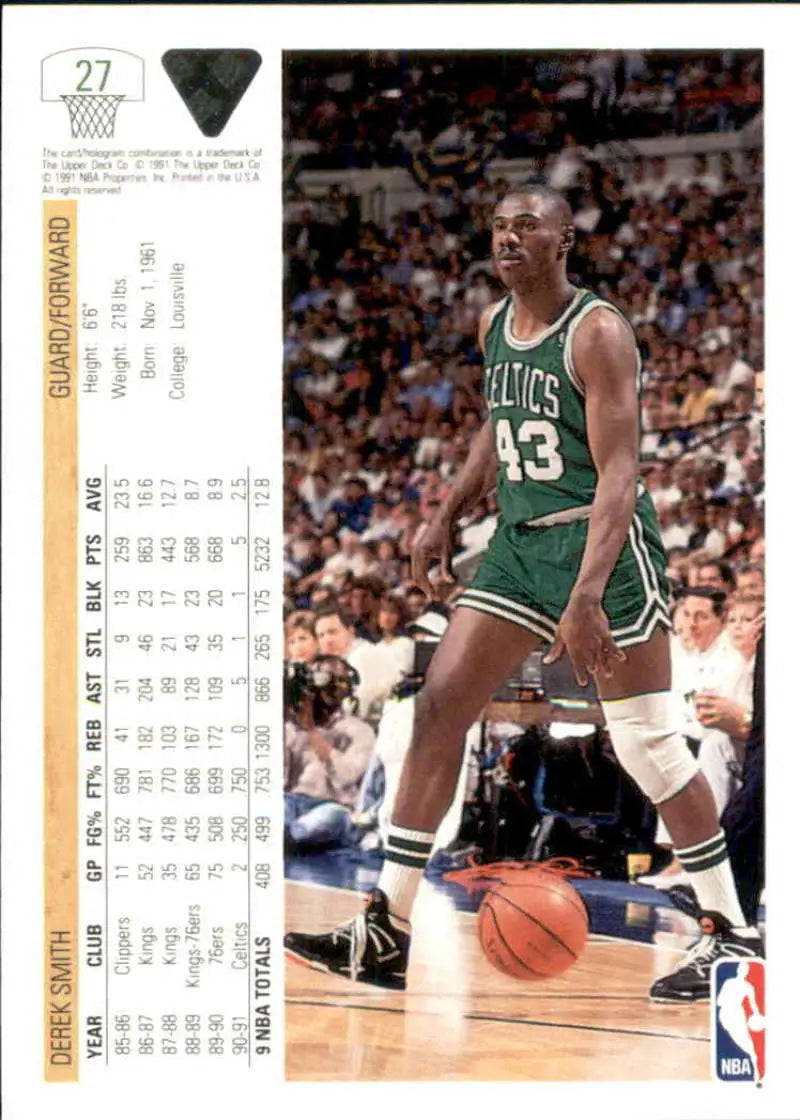 Basketball card of Derek Smith in Boston Celtics green and white uniform, number 43