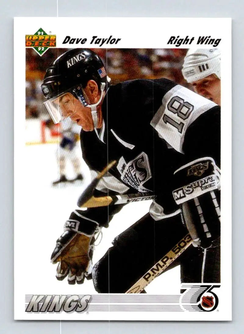 Hockey player in black Los Angeles Kings jersey during gameplay featuring Dave Taylor