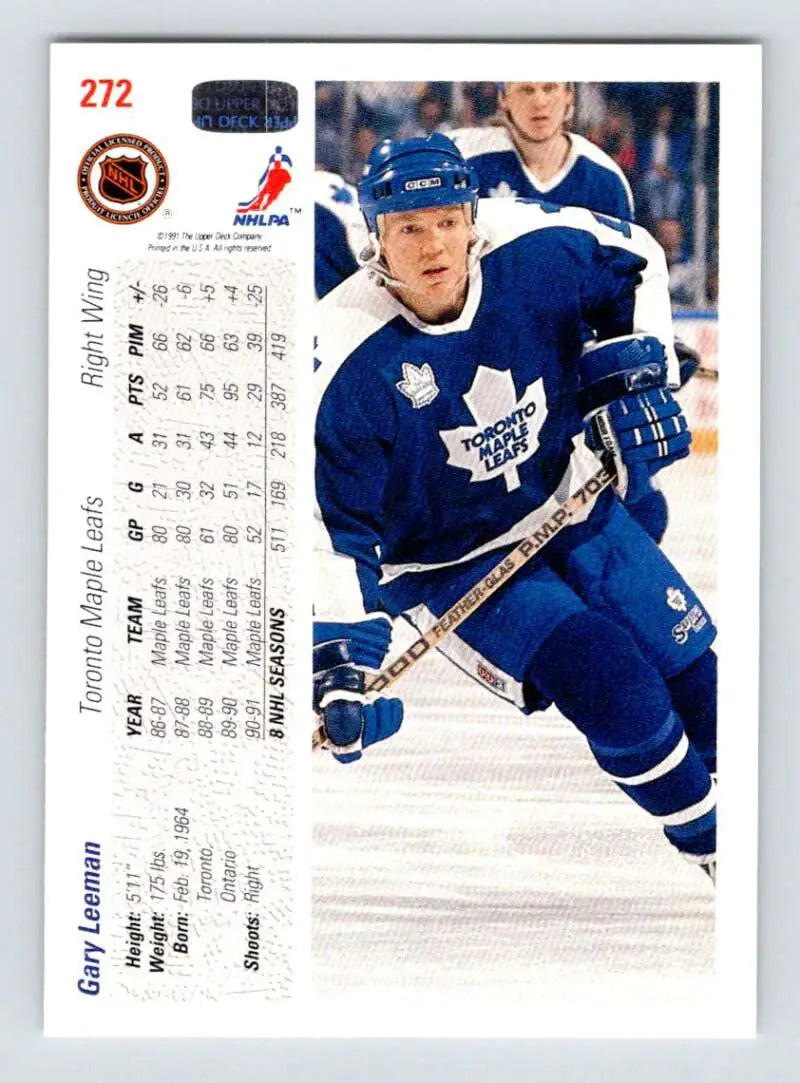 Hockey card of Gary Leeman in a blue Toronto Maple Leafs jersey from Upper Deck