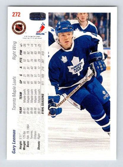 Hockey card of Gary Leeman in a blue Toronto Maple Leafs jersey from Upper Deck