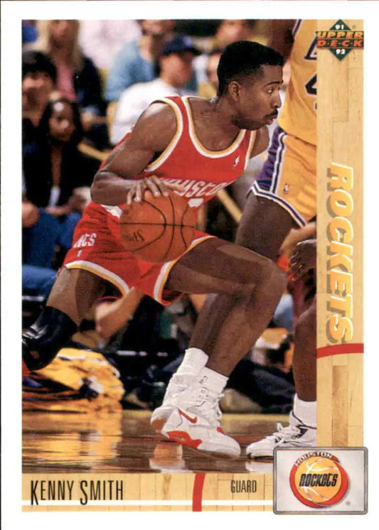 Kenny Smith dribbling the ball in a red Houston Rockets uniform card from Upper Deck