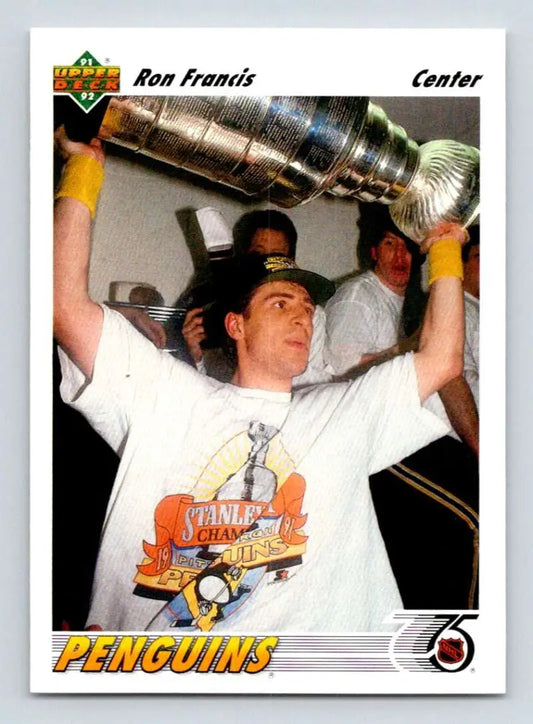 Ron Francis celebrating with the Stanley Cup, featured in Upper Deck hockey card