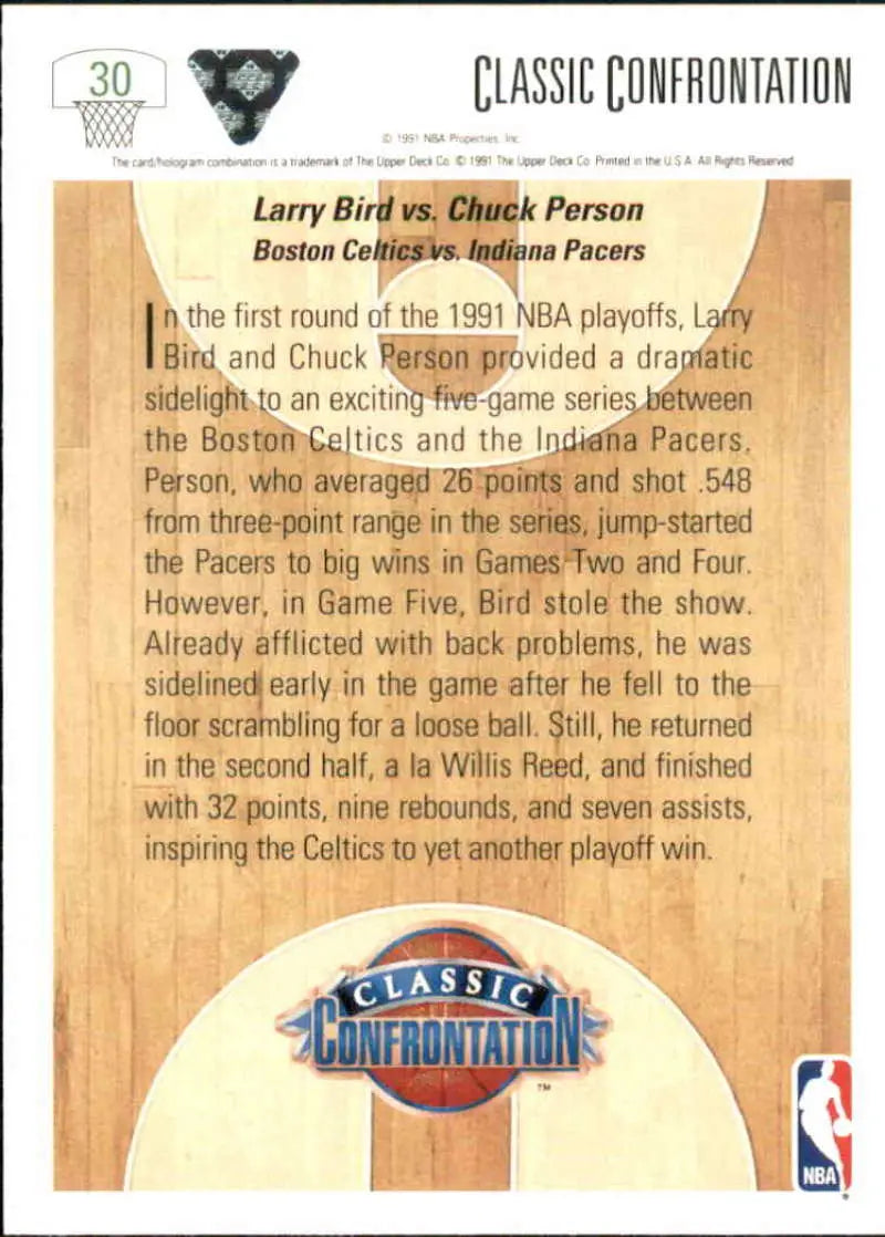 Larry Bird Chuck Person basketball card from 1991 NBA playoffs Classic Confrontation matchup