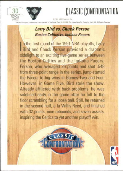 Larry Bird Chuck Person basketball card from 1991 NBA playoffs Classic Confrontation matchup