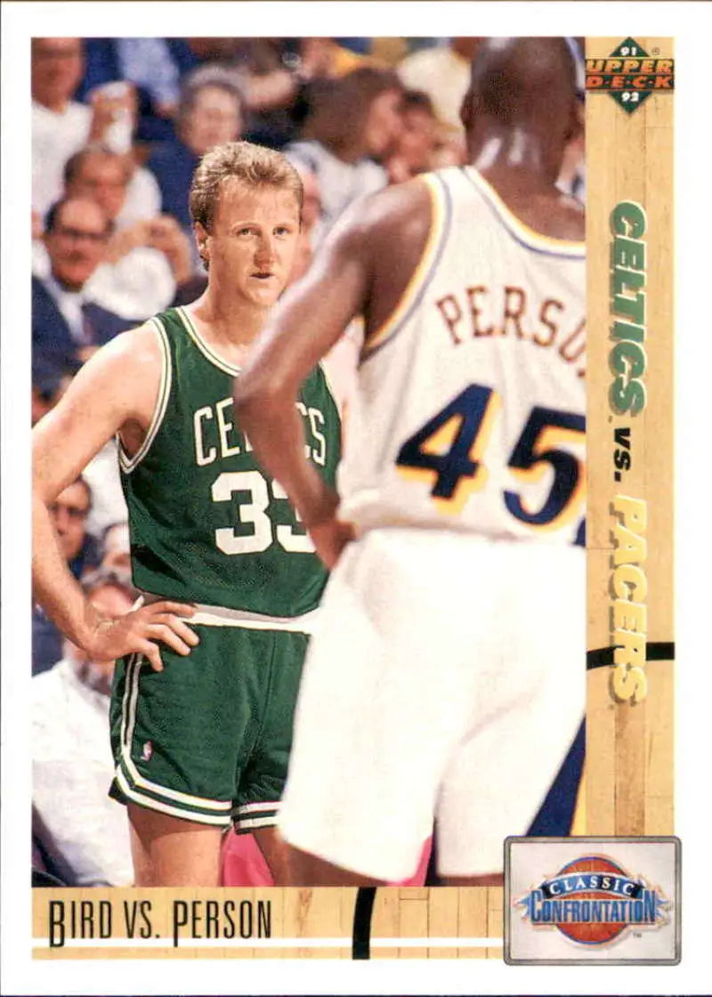 Basketball card featuring Larry Bird and Chuck Person in Celtics vs Warriors matchup