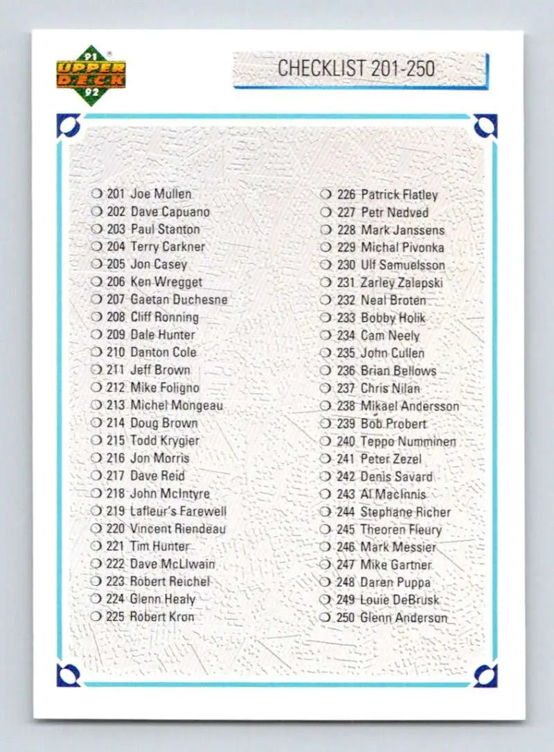 Baseball card checklist of player names for 1991-92 Upper Deck hockey card series