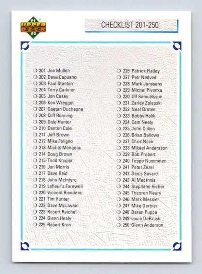 Baseball card checklist of player names for 1991-92 Upper Deck hockey card series