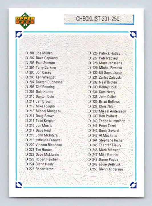 Baseball card checklist of player names for 1991-92 Upper Deck hockey card series