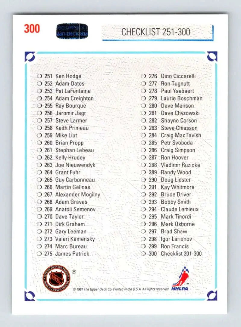 Checklist page from 1991-92 Upper Deck hockey card set numbered 251-300
