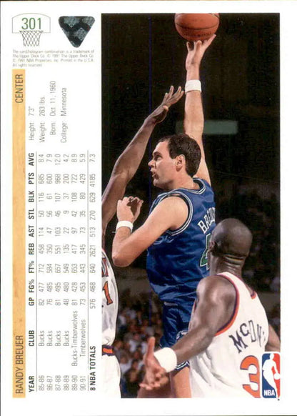 Basketball trading card featuring Randy Breuer of the Minnesota Timberwolves in action