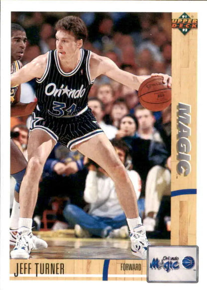 Basketball player dribbling in black Orlando Magic jersey number 32, Jeff Turner