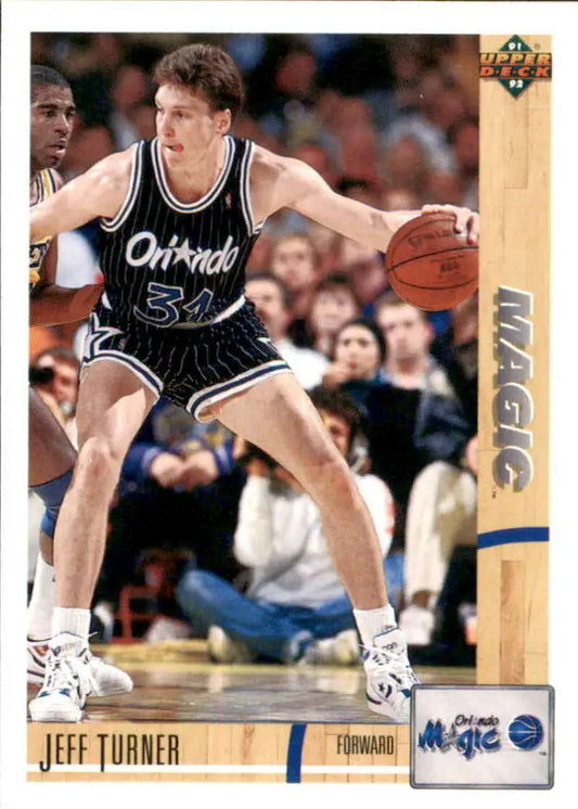 Basketball player dribbling in black Orlando Magic jersey number 32, Jeff Turner