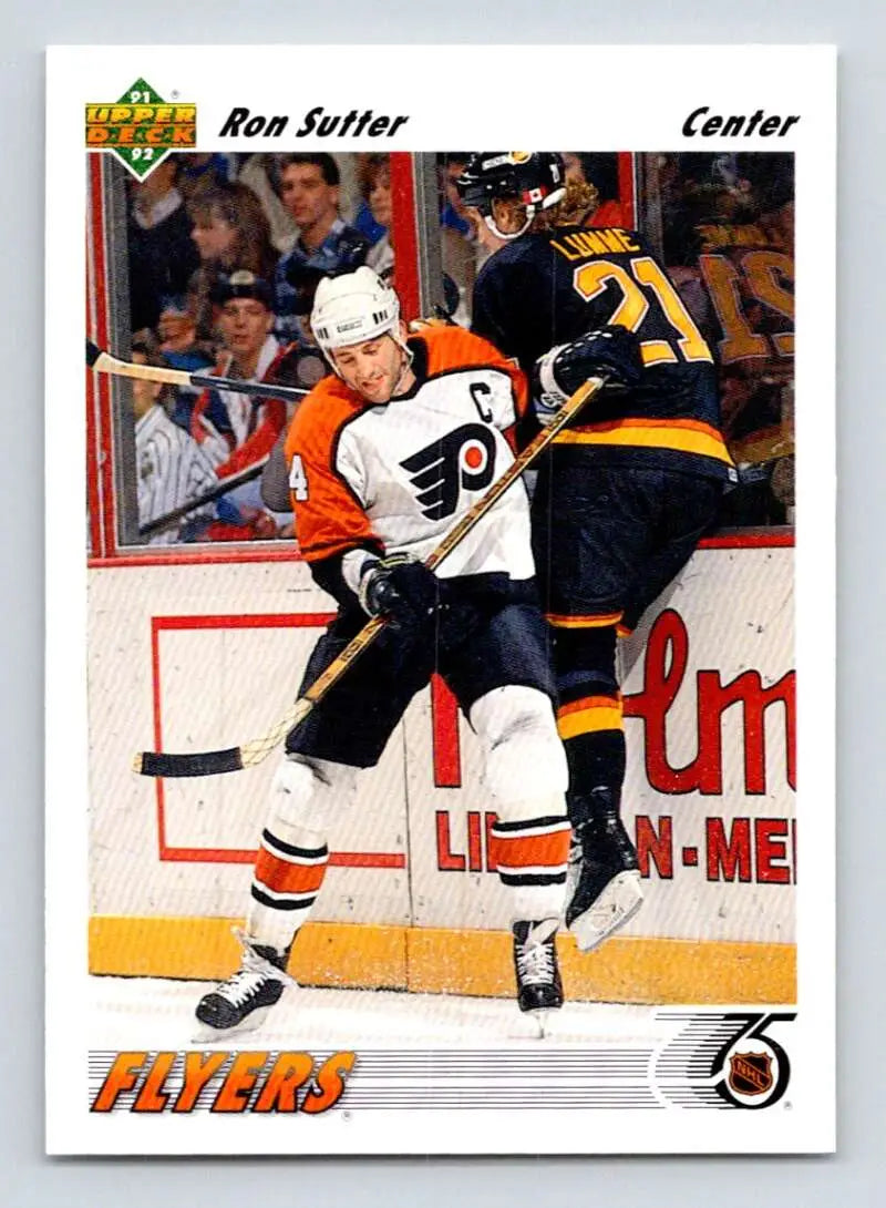 Hockey card featuring Ron Sutter battling against a Bruins player in Upper Deck design