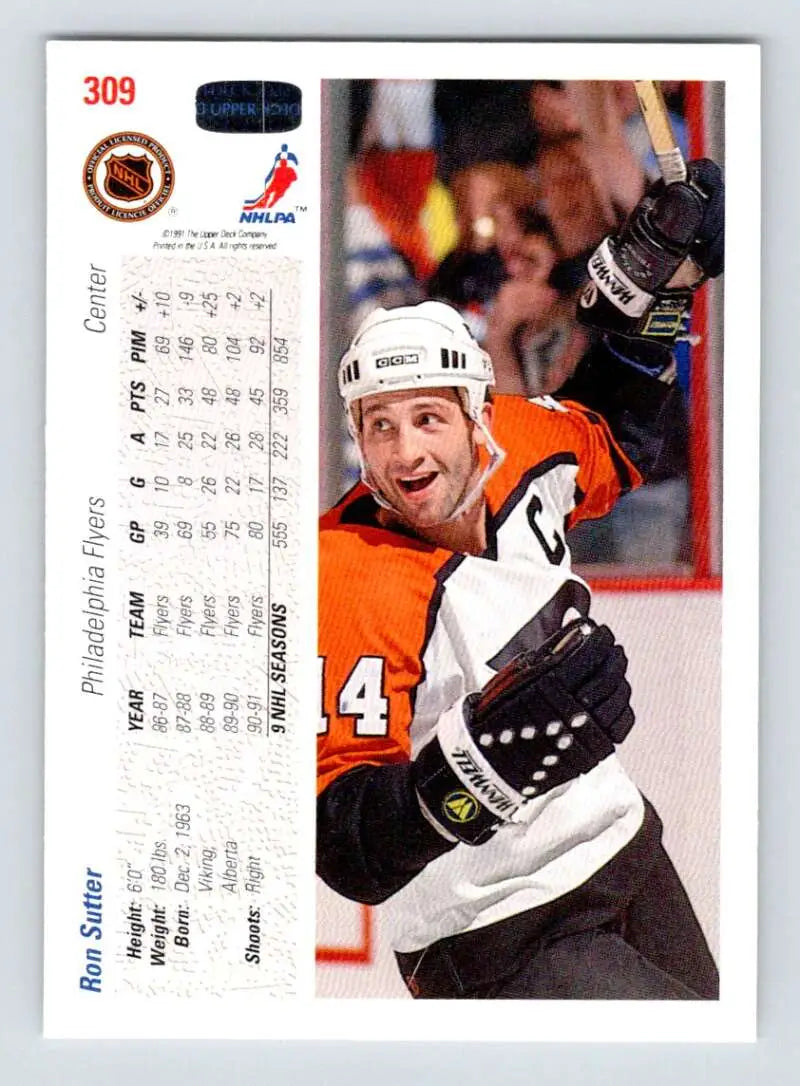 Hockey card of Ron Sutter in orange jersey from Upper Deck 1991-92 series